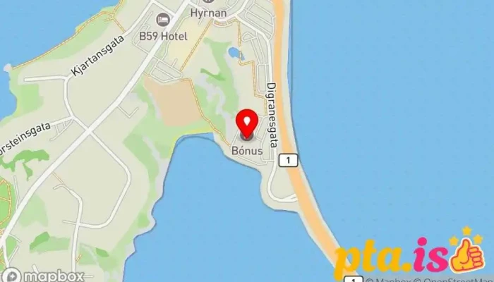 kort yfir Bónus Stórmarkaður, Lágverðsverslun, Matvöruverslun í Borgarnes