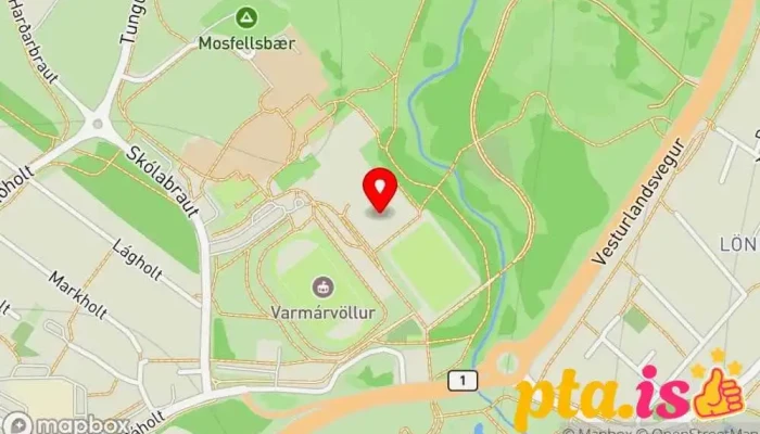 kort yfir Fellið Íþróttavöllur í Mosfellsbær