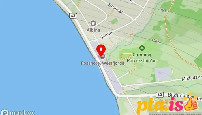 kort yfir Fosshótel Vestfirðir Hótel, Veitingastaður í Patreksfjörður