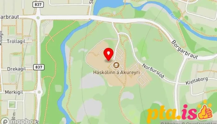 kort yfir Háskólinn á Akureyri Háskóli í Akureyri