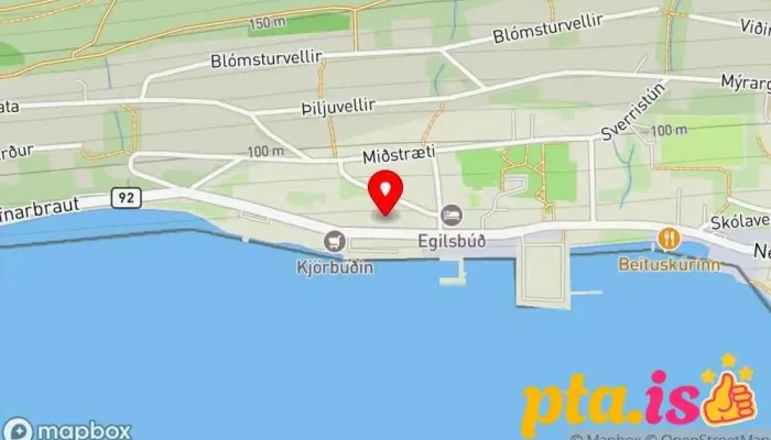 kort yfir Hildibrand hótel Veitingastaður, Bar og grill, Hótel, Sjávarréttastaður í Neskaupstaður