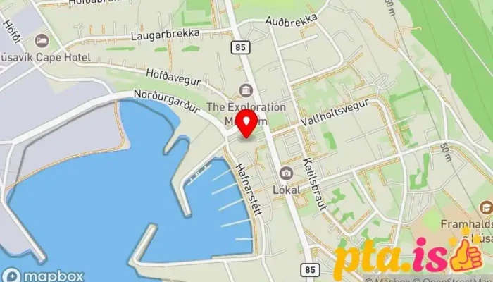 kort yfir Hvalasafnið á Húsavík Náttúrusögusafn, Minjagripaverslun, Ferðamannastaður í Húsavík