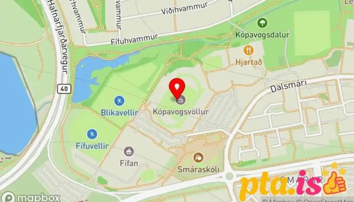 kort yfir Kópavogsvöllur Leikvangur í Kópavogur