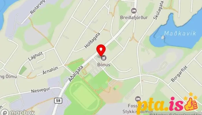 kort yfir Kram Stykkishólmi Fataverslun, Kertaverslun, Byggingavöruverslun, Leikfangaverslun, Garnverslun í Stykkishólmur