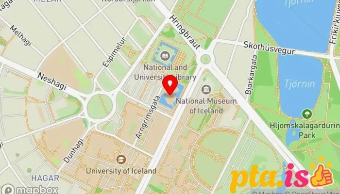 kort yfir Stofnun Árna Magnússonar í íslenskum fræðum Rannsóknarstofnun, Menntastofnun, Bókasafn í Reykjavík